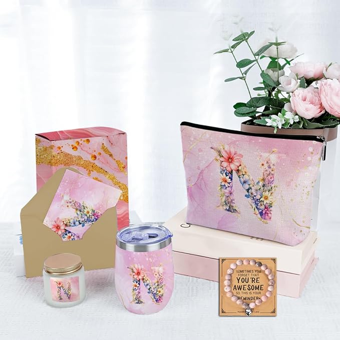 Personalized Gifts Monogrammed Birthday Gifts for Women, Colleague, Leader Mentor Female Farewell Christmas, Initial Wine Tumbler Makeup Bag Scented Candle Bracelet Set, (Aesthetic Pink Flower N)
