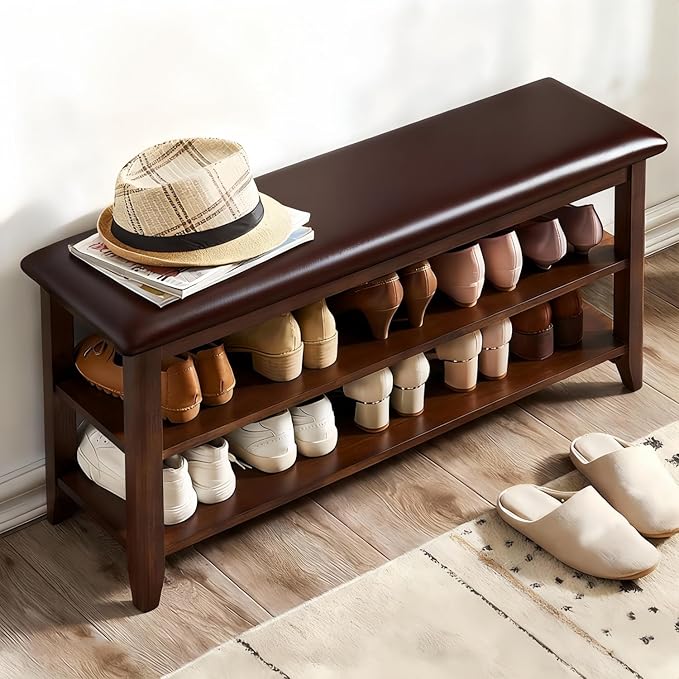 Shoe Bench Storage with Leather Cushion, Rustic Solid Wood Entryway Bench with 2 Height-Adjustable and Removable Shelves for Hallway, Living Room, Mudrooms (Dark Brown,39.4")
