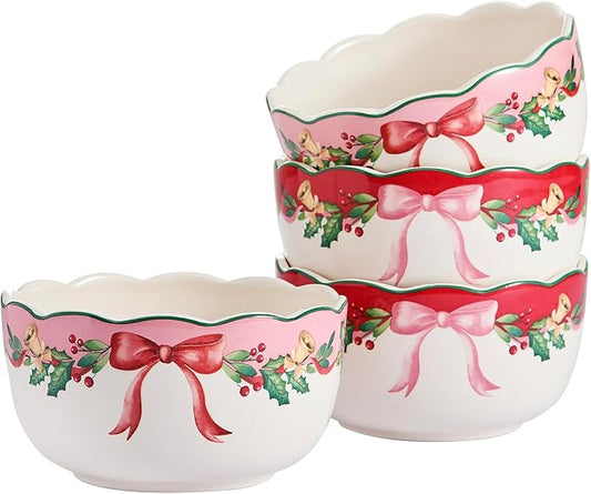Bico Ribbon Christmas Cereal Bowls Set of 4, 26 oz Deep Ceramic Soup Bowls for Cereal, Salad, Noodles, Kitchen, Microwave and Dishwasher Safe, Gift for Housewarming and Christmas