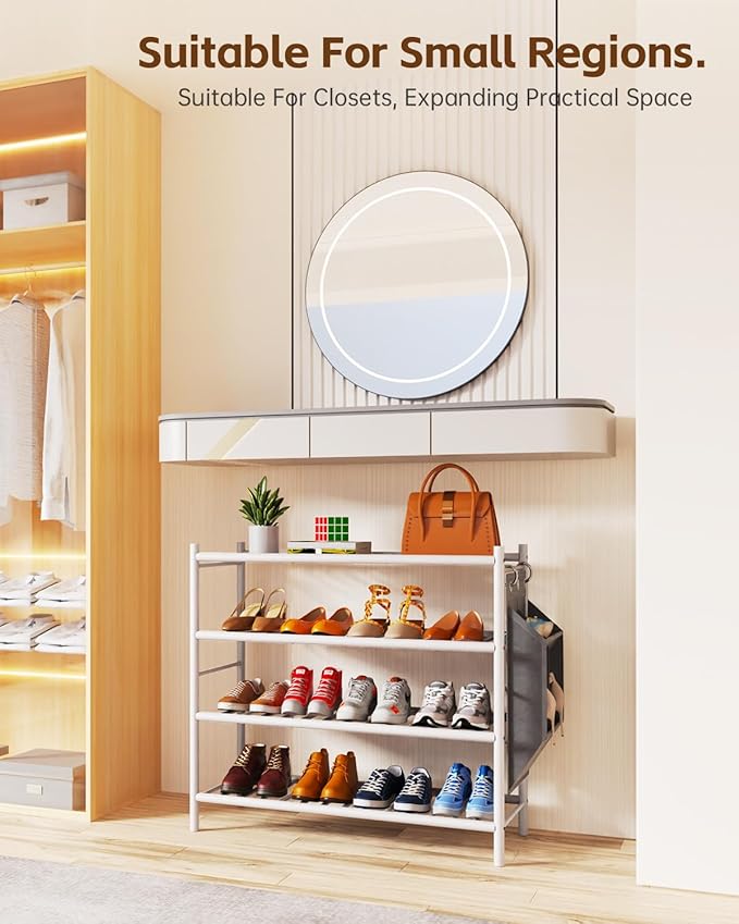 Bamboo Shoe Rack for Closet Small Wooden Shoe Organizer with Pouch, Sturdy Wood Shoe Shelf for Front Door Entrance Entryway and Outdoor, 26 inch Wide (White, 4-Tier)