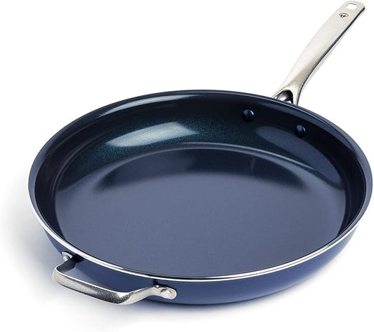 Blue Diamond 14" Nonstick Frying Pan, PFAS Free Ceramic Family Pan, Jumbo Pan with Helper Handle, Diamond Infused Nonstick Skillet, Dishwasher & Oven Safe, Durable, Non Toxic, Metal Utensil Safe, Blue