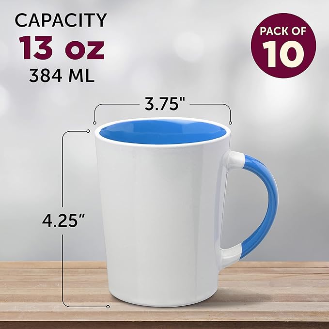 DISCOUNT PROMOS Ceramic Latte Coffee Mugs by Albany 13 oz. Set of 10, Bulk Pack - Perfect for Coffee, Tea, Espresso, Hot Cocoa, Other Beverages - Process Blue