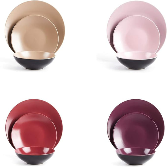 Colors Life 12pc Dinnerware Set, Very Berry - 4 Assorted Colors of Beige, Berry, Plum, Rose at Matte glaze
