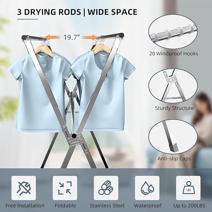 Clothes Drying Rack,Heavy Duty Stainless Steel Garment Rack,Adjustable and Foldable Laundry Drying Rack for Indoor Outdoor Drying Rack Clothing with 20 Windproof Hooks (Silver, 79")