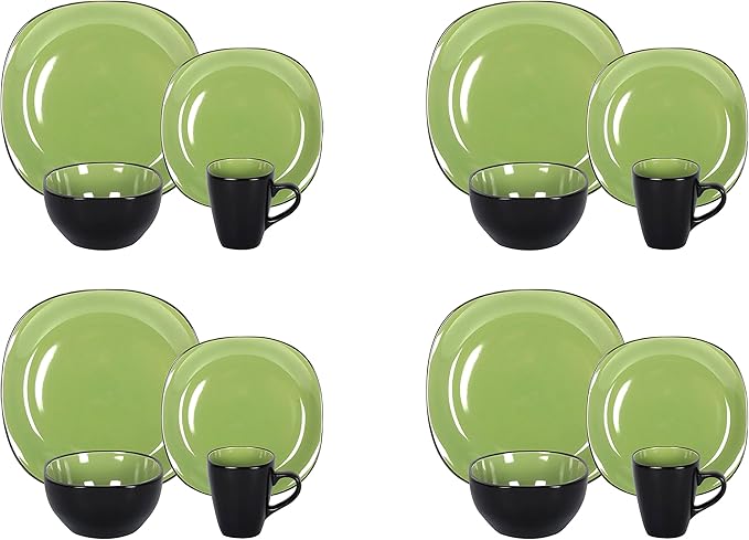 Stoneware Square 16pc Dinnerware Set, Inside Siny Green and Outside Matte Black