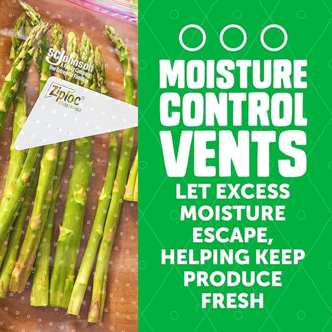Ziploc Food Storage Produce Bags, Seal Top to Keep and Control Moisture, 15 Bags Total