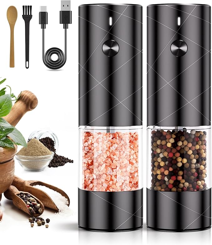 Electric Salt and Pepper Grinder Set with Adjustable Coarseness, Rechargeable Automatic Salt and Pepper Grinder Set with One Hand Operated and LED Light, Salt Grinder & Pepper Mill for Family BBQ