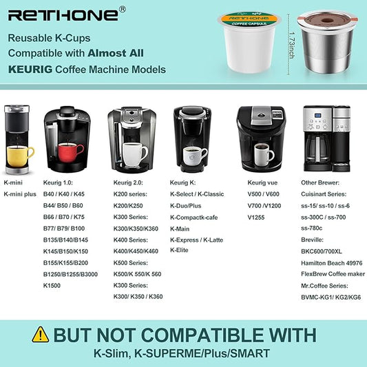 RETHONE K Cup Reusable Coffee Pods, Stainless Steel Reusable K Cups Compatible with Keurig 1.0 & 2.0 Coffee Machines Brewers Refillable K Cups (1 Pack)