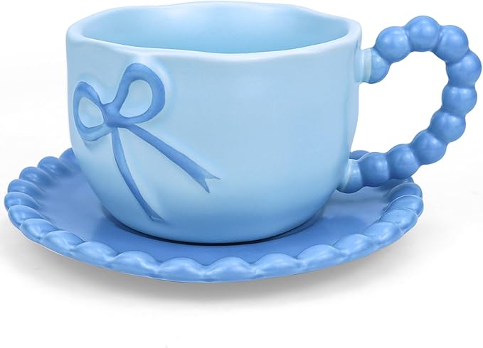 Bow Coffee Mug Blue Coquette Coffee Mugs Set with Saucer 12 OZ Porcelain Tea Cup Bow Cute Mug for Women Girl