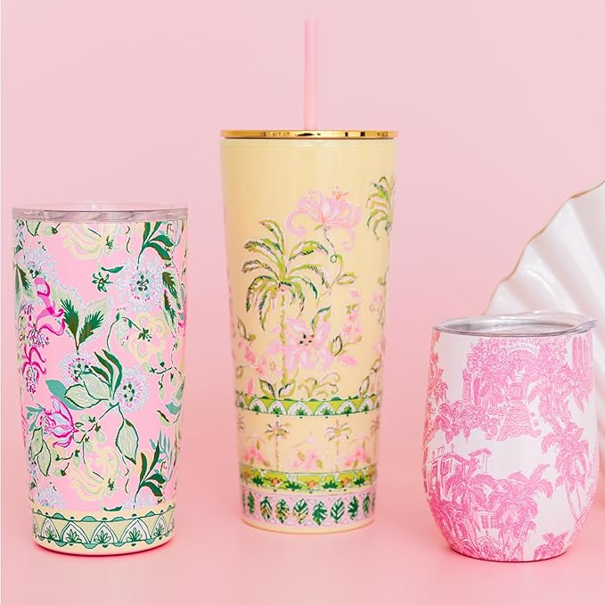 Lilly Pulitzer 12 Oz Insulated Tumbler with Lid, Yellow/Green Stainless Steel Travel Wine Glass, Double Wall Metal Cup (Palm Beach Toile)