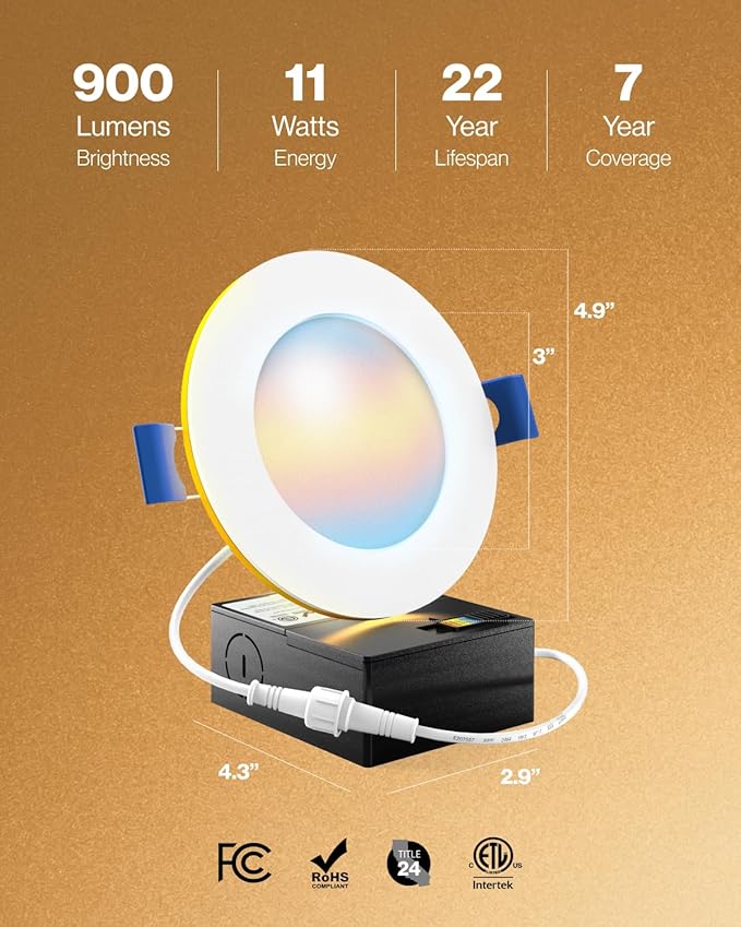 Sunco 6 Pack 4 Inch LED Recessed Lights with Night Light, Slim Ceiling Lighting, 900 Lumens, 11W (80 W Equivalent), Selectable CCT 2700K/3000K/3500K/4000K/5000K, Dimmable, Canless with Junction Box.