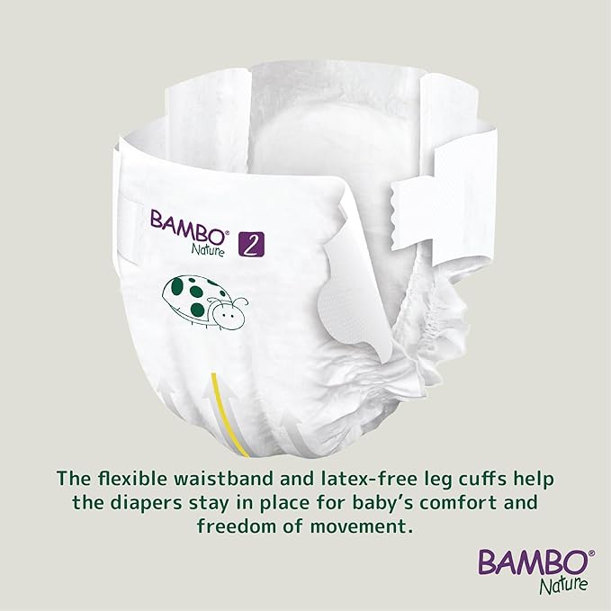 Bambo Nature Hypoallergenic Baby Diapers, Eco-Labeled Diapers, Enhanced Leakage Protection, Totally Chlorine-Free, Skin Friendly, and Super Absorbent - Size 2 (180 Count)