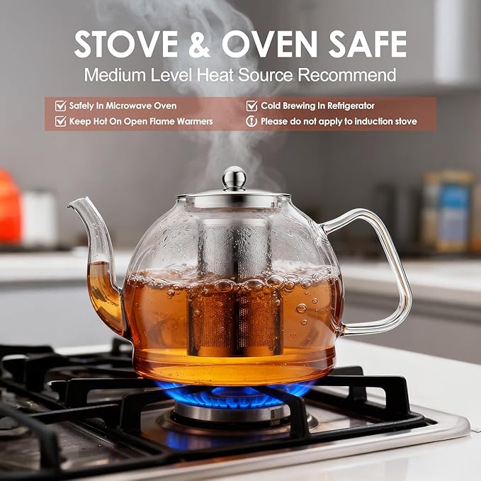 1800ml Glass Teapot with Infuser, Stovetop Safe Large Tea Pot, Hand Crafted Borosilicate Glass Tea Kettle, Blooming and Loose Leaf Tea Maker for Tea Lovers, Tea Gift Set with Cleaning Brush