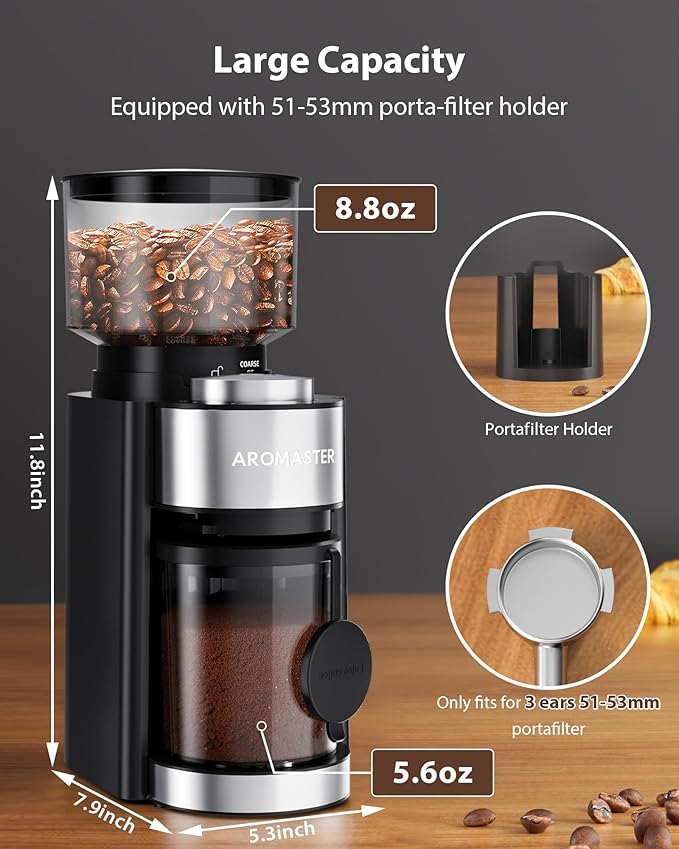 Aromaster Conical Burr Coffee Grinder with 25 Grind Settings,Adjustable 2-12 Cups Timer,Coffee Bean Grinder,3-Ear Portafilter Holder, Anti-static Design,Cleaning Brush Included,Premium Black