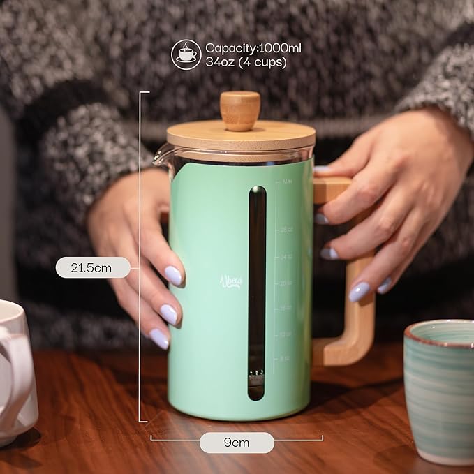 French Press 34 oz Coffee Maker, Mint Green Thick Borosilicate Glass, Bamboo Handle, 2-Layer Stainless Filter and cover, Easy Clean, Eco-Friendly Gift ready Set