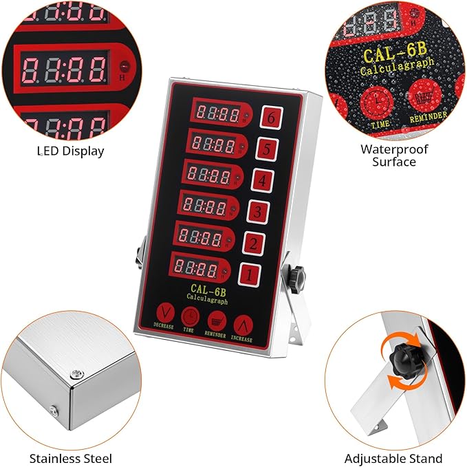 QWORK Kitchen Timers for Cooking – 6 Channel Commercial Kitchen Timer with Ultra-Loud Alarm, LED Display, No Battery Needed, for Restaurants and Catering