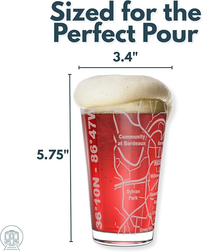 Greenline Goods – Nashville, TN Map Pint Beer Glasses (Set of 2), 16 oz – Etched Wrap Design