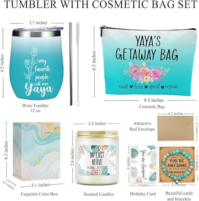 Yaya Grandma Gifts,Grandma Birthday Gifts, Funny Christmas Appreciation Thank You Gift for Women Grandmother Nana Mimi Mothers Day Wine Tumbler Makeup Bag Bracelet Scented Candle Set with Gift Box