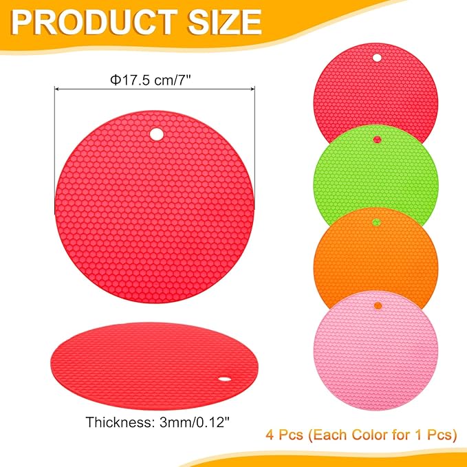 uxcell 4pcs Silicone Jar Opener Pads, 17.5cm/7" Texture Can Opener Multipurpose Round Bottle Lid Opener Non-Slip Coasters for Weak Hands Seniors Children, Pink/Red/Orange/Green