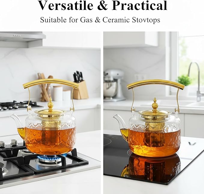High Borosilicate Glass Teapot, 30 oz Thickened Heatproof Glass Teapot with Removable Stainless Steel Infuser and Lid, Stovetop Safe Tea Kettle, Hand Crafted Kettle, for Women and Adult