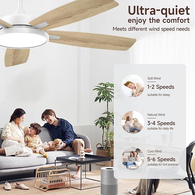 Roomratv Ceiling Fans with Lights,52 Inch,Remote Control,Dimmable,Quiet Reversible DC Motor,White Ceiling Fan for Living Room,Bedroom,Kitchens,Outdoor Patio,Farmhouse