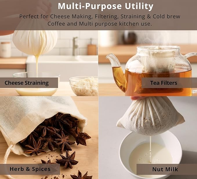 PurpleEssences Empty Spice Bags for Cooking Soup - Natural Unbleached Cotton Muslin Drawstring Cheesecloth Bags for Tea, Herbs, Bone Broth, Cold Brew & Straining - Natural (4, 4 x 6 Inch)
