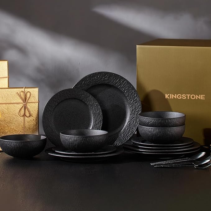 KINGSTONE Black Dinnerware Sets with flatware, 32-Piece Matte Marble Pattern Premium Porcelain, Place Setting with Dinner Plate, Salad Plate, Pasta Bowl, Microwave and Dishwasher Safe