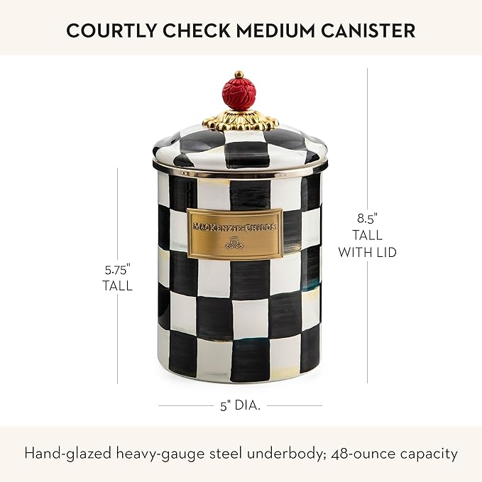 MACKENZIE-CHILDS Medium Enamel Canister, Kitchen Storage Container for Flour and Sugar, 1.42 Liters, Black-and-White Courtly Check