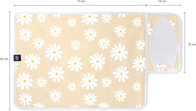 Encasa XO Ironing Mat/Pad (Small 28"x20") with 3mm Padding & Silicone Iron Rest for Steam Pressing on Tabletop or Bed - Heat Resistant, Portable, Quilting & Travel Blanket - Daisy Beige
