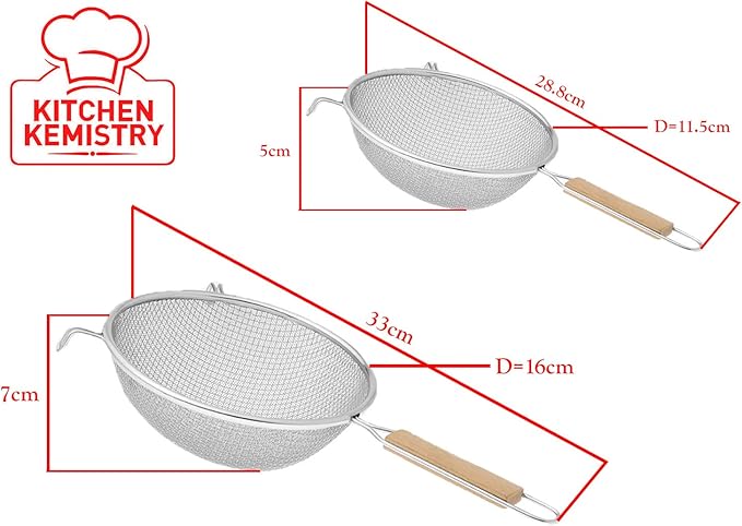 Double Mesh Strainer with Non Slip Wooden Handle. Premium Stainless Steel Strainer Mesh Ideal for Quinoa, Tea, Soup, Sifting, Baking, Straining - 12 & 16cm, Set of 2 Pieces