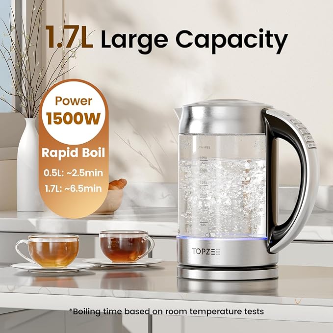 TOPZEE 1.7L Glass Electric Kettle for Coffee & Tea, Hot Water Boiler with 6 Preset Temperatures, Keep Warm and Memory Function, Auto Shut-off & Dry Boil Protection, BPA Free, Rapid Boil, 1500W, Silver