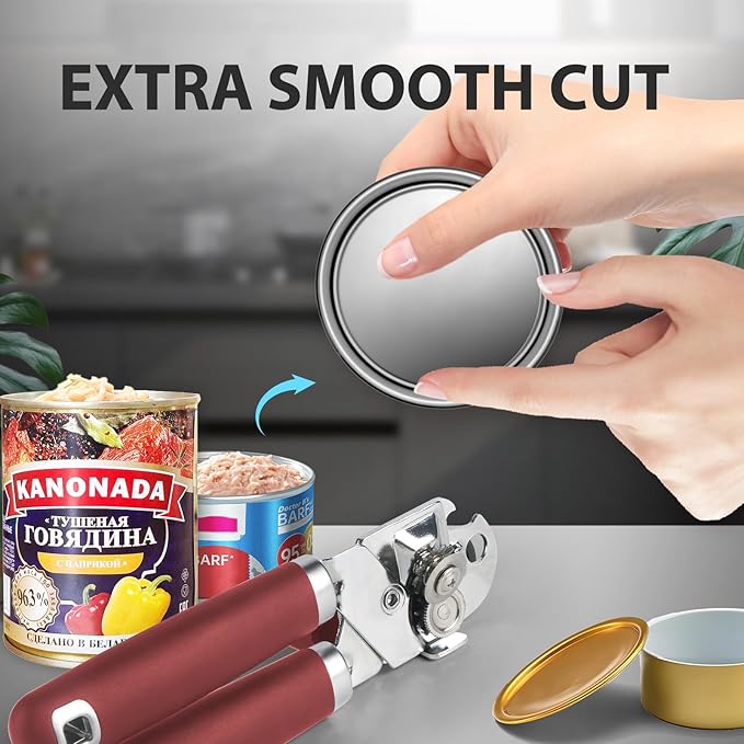Can Opener Manual, Heavy Duty Handheld Strong Can Opener with Soft Touch Handle, Sharp Blade Smooth Edge, Can Openers with Multifunctional Bottle Opener, Red