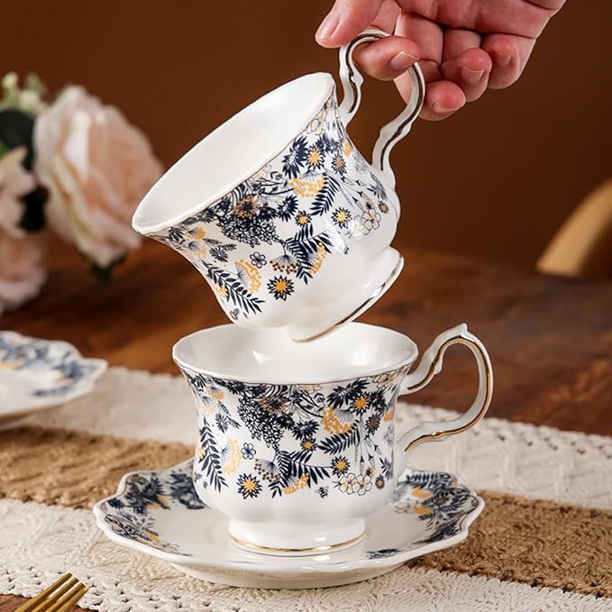 Elegant Retro Ceramic Tea Cups and Saucers Ceramic Coffee Mugs Tea Party Sets 8.45oz/260ml Colorful Flowers