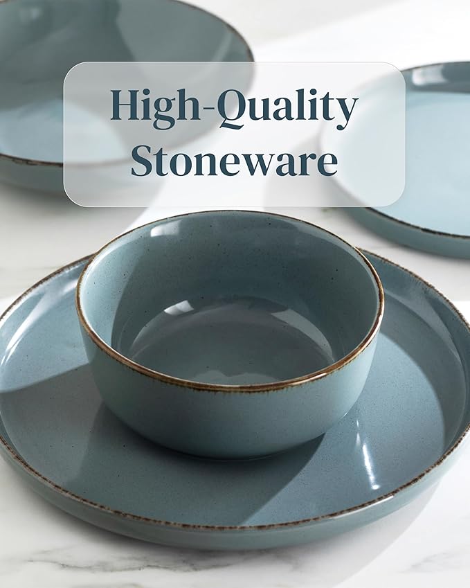 Stoneware dinnerware set 4 persons Rustic 16 pcs - Rustic design dinnerware set, dishwasher safe - Bowl and plate set - Pure Living dinnerware in smoky blue…
