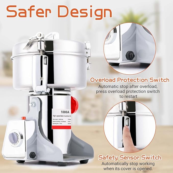 Electric Grain Mill Grinder 1000g Stainless Steel Pulverizer 36000r/min High-speed Grain Mill 2600W Dry Material Grinding Machine 270° swingable Superfine powder for Home and Commercial
