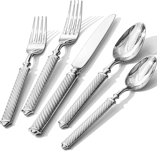 KINGSTONE Retro Rope-Pattern Silverware Set, 30-Piece Flatware Set Cutlery Set Forged with Handcrafted Texture Handles 18/10 Stainless Steel, Dishwasher Safe
