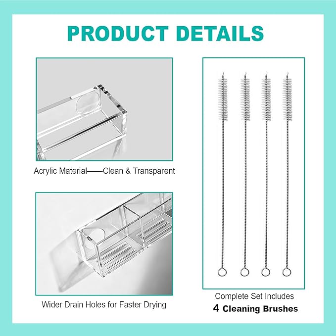 Acrylic Straw Holder for Cabinet Door, Adhesive Cabinet Straw Holder Organizer with 4 Straw Brushes Storage, Clear Kitchen Organization for Storing Reusable Straws, Kitchen Accessories
