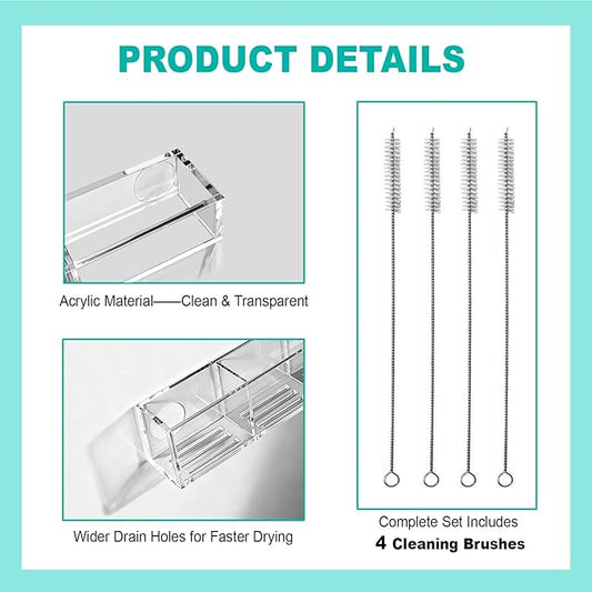 Acrylic Straw Holder for Cabinet Door, Adhesive Cabinet Straw Holder Organizer with 4 Straw Brushes Storage, Clear Kitchen Organization for Storing Reusable Straws, Kitchen Accessories