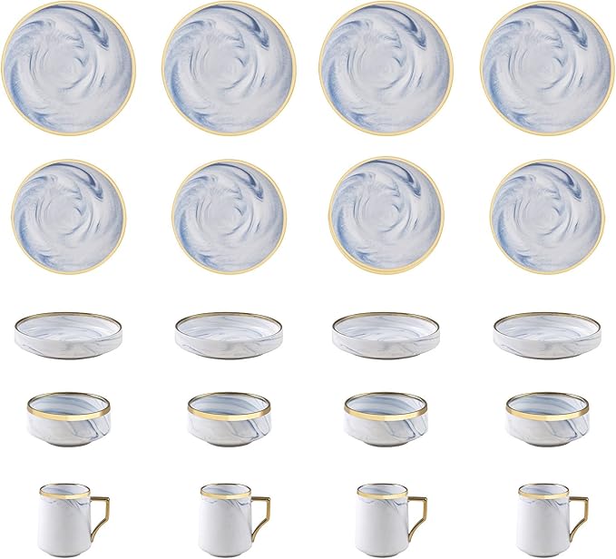 20 Piece Plates and Bowls Sets, Fine China Artisan Marbled Dinner Set for 4, Dishwahser Safe, Scratch Resistant, Blue with Gold Line