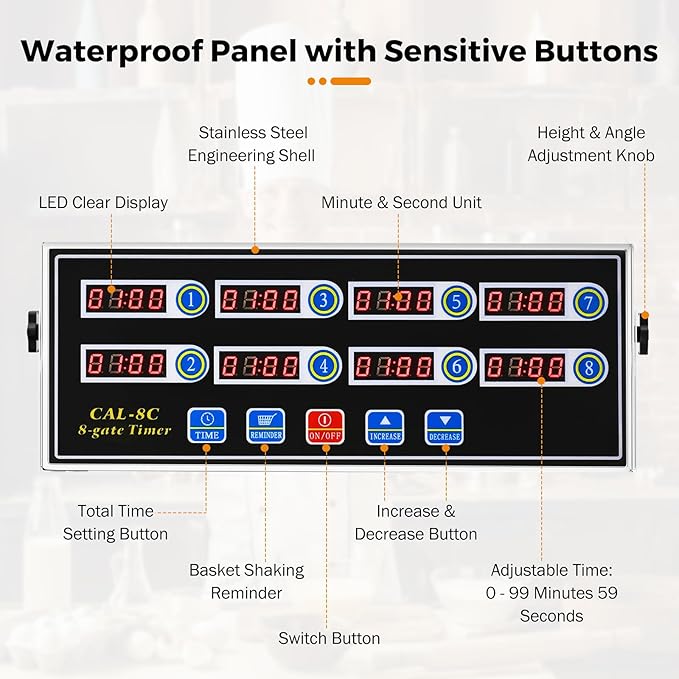BEAMNOVA 8-Channel Digital Kitchen Timer Commercial Cooking Fryer Reminder Loud Ring Alarm Stainless Steel Adjustable Volume