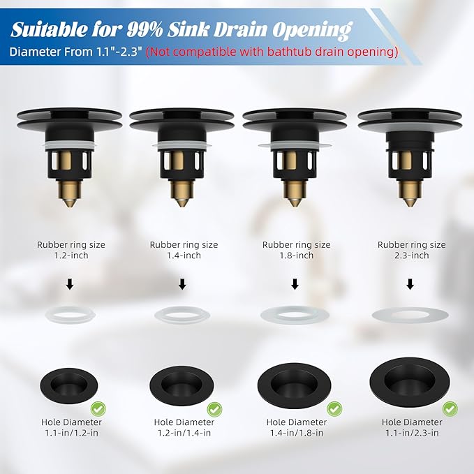 Hibbent All Metal 2 in 1 Bathroom Sink Stopper, Universal Pop Up Drain Strainer, Brass Bullet Core Push Type Sink Stopper for 1.1''~2.3'' Basin, Big Push Button, Anti Clogging Filter, Matte Black