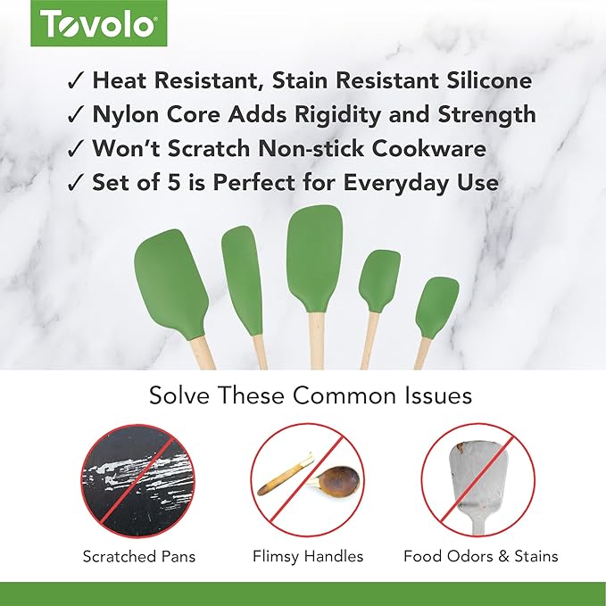 Tovolo Silicone Spatula with Wooden Handle Set of 5 Piece Silicone Kitchen Utensil Set Spoonula Jar Scraper Mini Spatula and Spoonula for Cooking Baking Mixing Folding Pesto Green