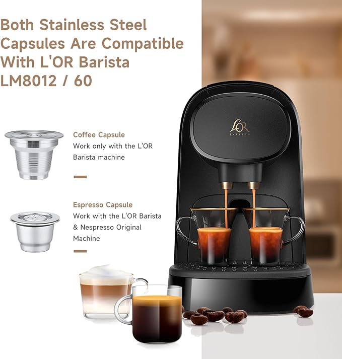 2 Pcs Reusable Stainless Steel Coffee Capsules Compatible with L'OR Barista LM8012 / 60, Refillable Coffee Pods Metal L'or Espresso Pods(Big & Small)
