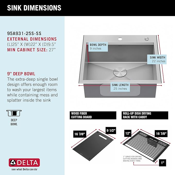 DELTA FAUCET Rivet 25-Inch Workstation Kitchen Sink Drop-In Top Mount 16 Gauge Stainless Steel Single Bowl with WorkFlow Ledge and Chef’s Kit of 5 Accessories, 95A931-25S-SS