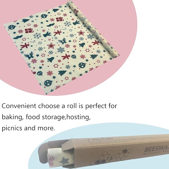 Organic Beeswax Wraps for Food-12 x 40" Reusable Beeswax Wraps Roll for Food Preservation & Storage Eco-Friendly Food Wraps Sustainable Food Storage Wraps for Cheese, Sandwich, Bread (Xmas)
