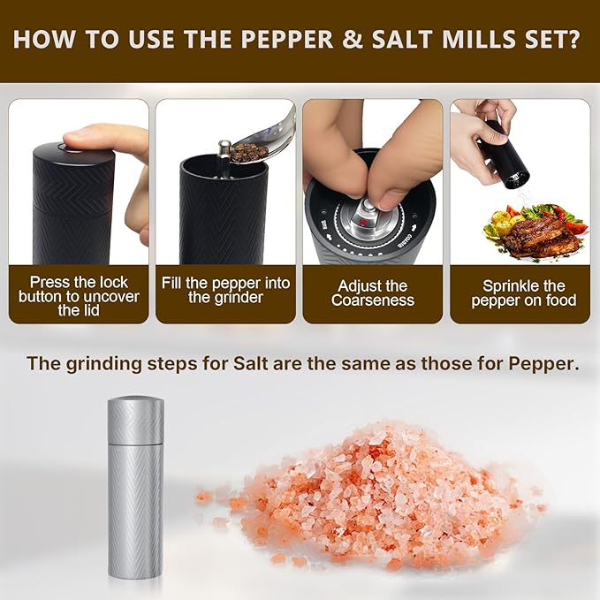 ARKNOAH Tabletop Manual Pepper and Salt Grinder 2-Pack Set, Refillable Adjustable Coarseness, Dual Stainless Steel Blades & Ceramic Cores, Portable Home & Commercial Grinding Settings