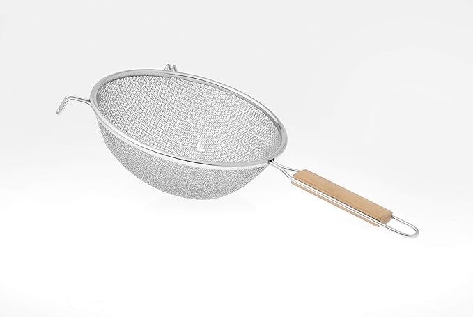 Double Mesh Strainer with Non Slip Wooden Handle. Premium Stainless Steel Strainer Mesh Ideal for Quinoa, Tea, Soup, Sifting, Baking, Straining - 12 & 16cm, Set of 2 Pieces