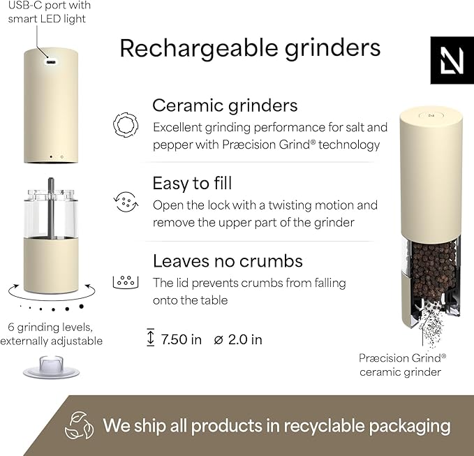 LARS NYSØM Electric Salt and Pepper Grinder Set I Automatic Salt and Pepper Mills with Adjustable Ceramic Grinder I USB Rechargeable Electric Spice Mill Set with LED Light (Almond Beige)