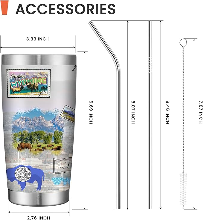 20oz Insulated Tumbler Wyoming State Coffee Mug, United States Map Travel Mug Landmark, Birthday Gifts Cute Custom Tumbler Cups with Lid and Straw Gifts for Mom