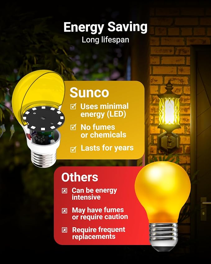 Sunco 6 Pack Yellow Light Bulbs Outdoor A19, LED Bug Lights for Outside Dusk to Dawn, 480 LM, 9W, 2000K Amber Glow, Auto On/Off Photocell Sensor, E26 Base, for Porch Patio Deck Backyard UL